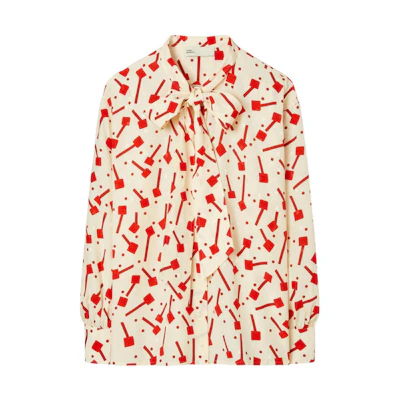 (Women) Tory Burch SS23 Lollipop Print Tie Long Sleeve Shirt Beige 144139-253