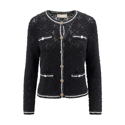 (Women) TORY BURCH SS24 Black Logo Lace Contrast Trim Knit Cardigan. 160634-001