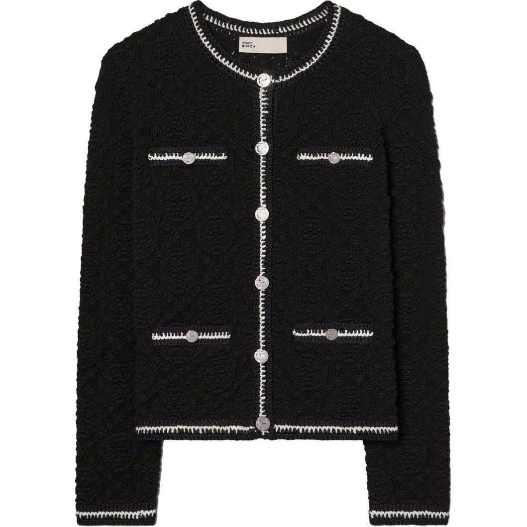 Order (W) TORY BURCH SS24 Hitam Logo Lace Trim Knit Cardigan. 160634-001