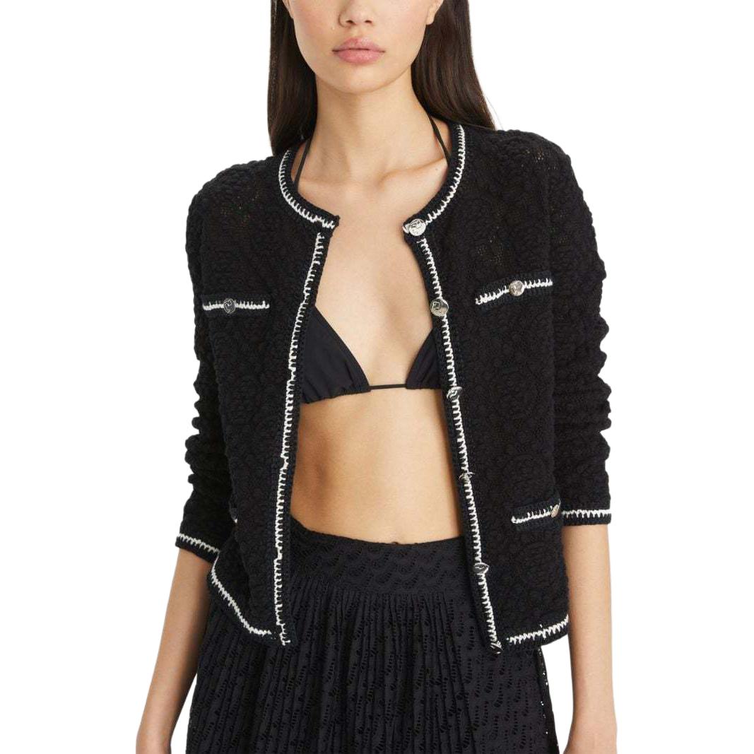 Purchase (W) TORY BURCH SS24 Hitam Logo Lace Trim Knit Cardigan. 160634-001