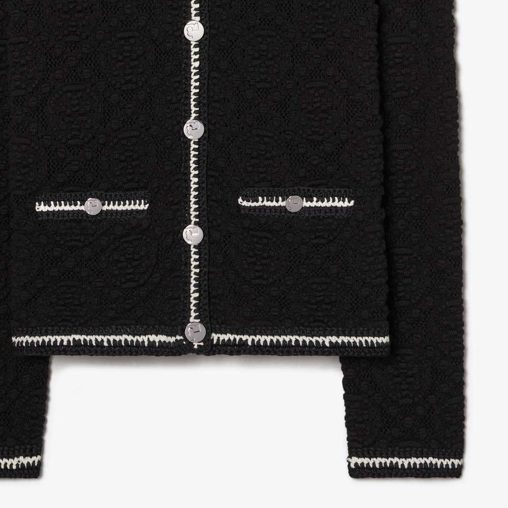 Details for (W) TORY BURCH SS24 Hitam Logo Lace Trim Knit Cardigan. 160634-001