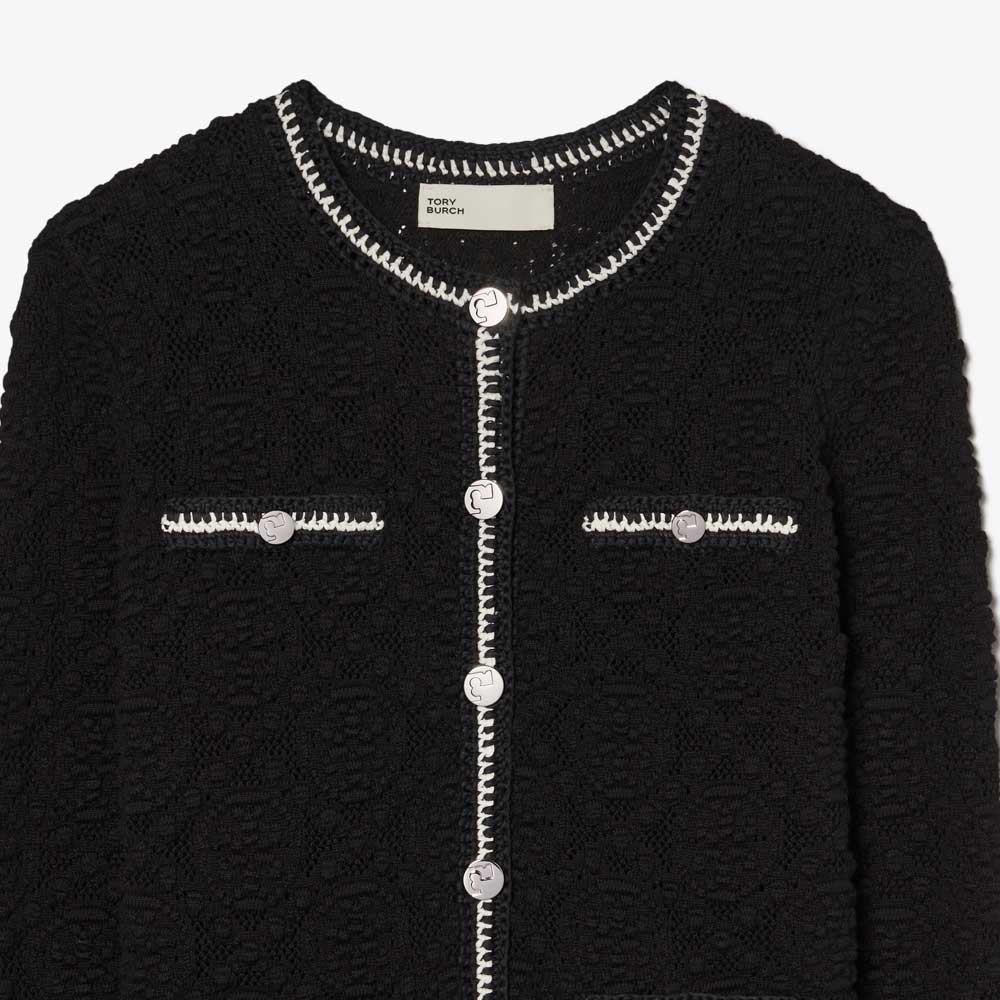 Sizing (W) TORY BURCH SS24 Hitam Logo Lace Trim Knit Cardigan. 160634-001