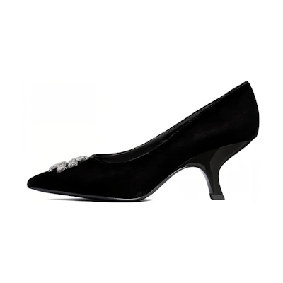 (W) TORY BURCH Velvet Logo Pointed-Toe Stiletto Heels 'Black'