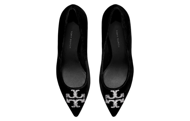 Shop (W) TORY BURCH Sepatu Hak Tinggi Runcing Logo Beludru 'Hitam' 146482-006