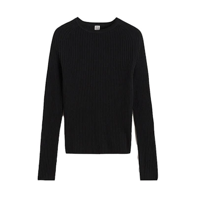 (Women) TOTEME Black Merino Wool Ribbed Slim-Fit Long-Sleeve Sweater. 234WRTWTP182YA0008001