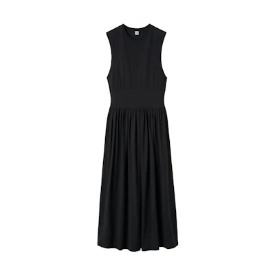 (Women) TOTEME Black Sleeveless Cinched Waist Midi Dress. 2326022770