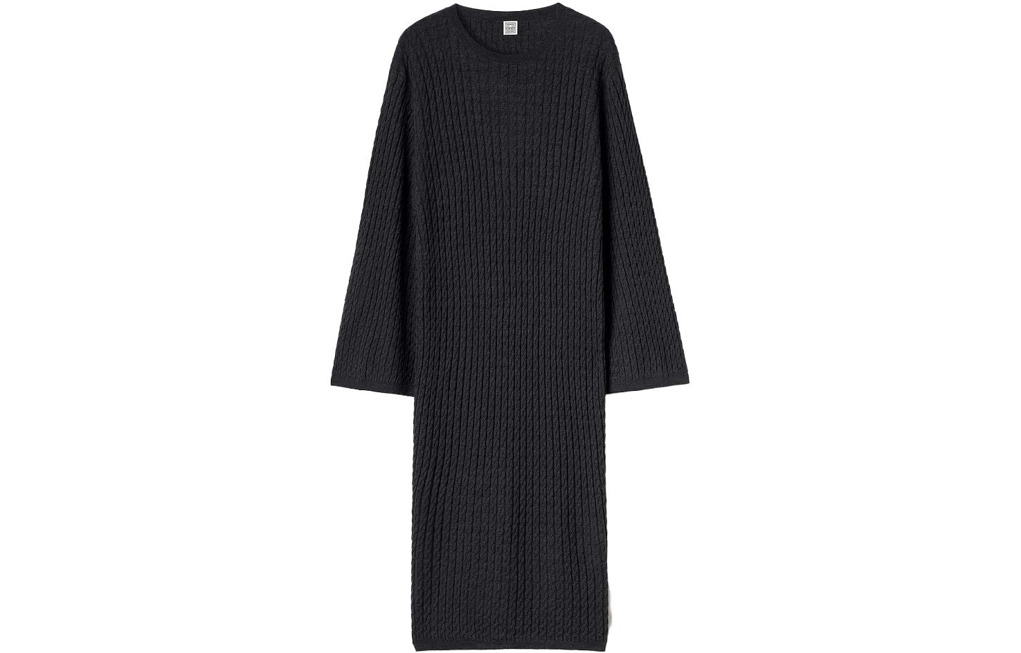 (Women) TOTEME  Grey Cable Knit Long Sleeve Midi Dress with Crew Neck. 2316012751359