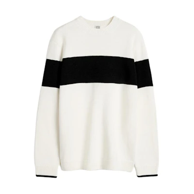 (Women) TOTEME Knit Sweater Contrast Striped Crewneck White/Black FW24. 243WRT0338YA0081200