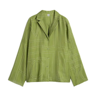 (Women) TOTEME Loose Fit Silk Shirt with Geometric Embroidered Logo in Laurel Green 241WRT976FB0089191
