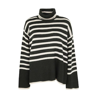 (Women) TOTEME Striped Turtleneck Loose Pullover Sweater Dark Green White Stripes 234WRTWTP216YA0008013
