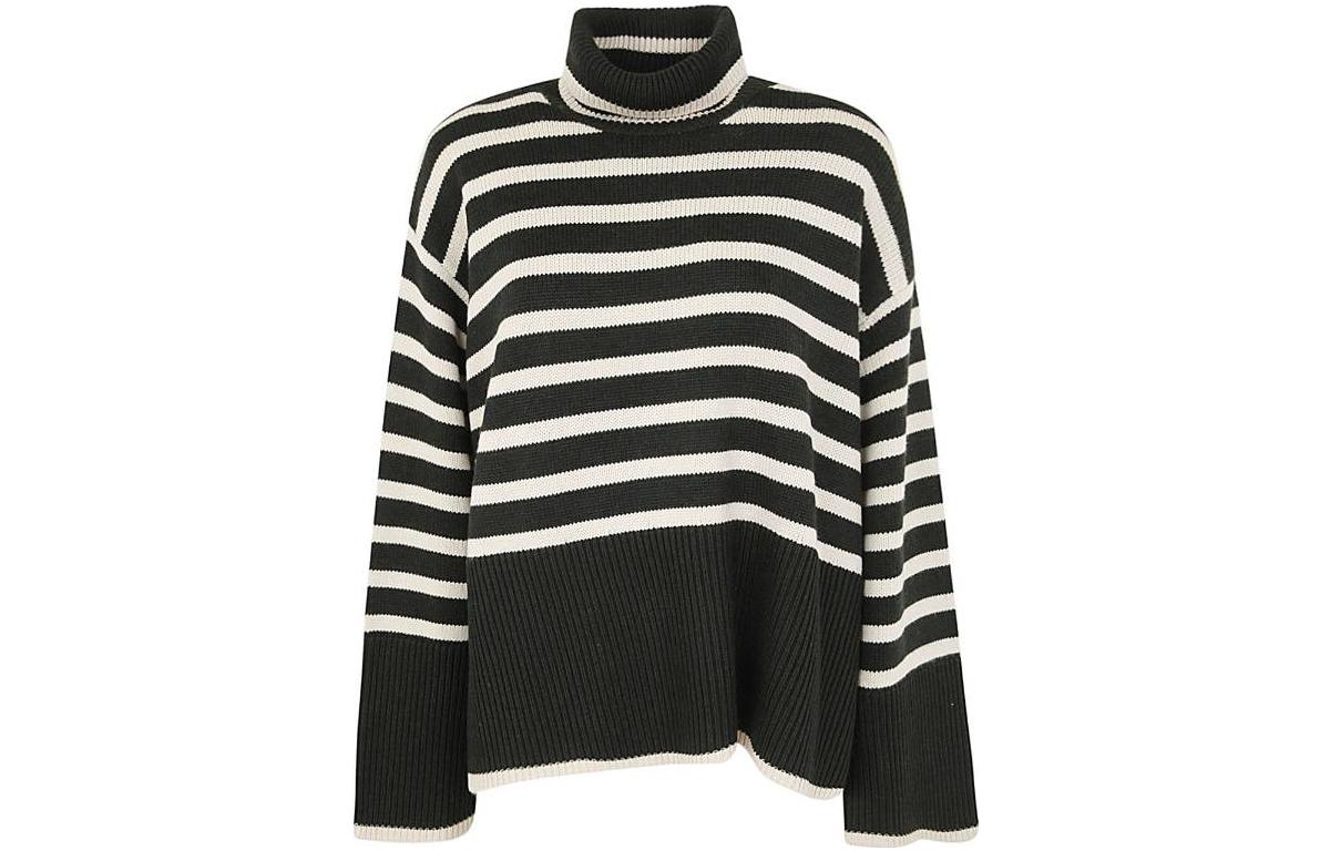Order (W) TOTEME Striped Turtleneck Sweater Hijau Gelap Putih Lengan Longgar. 234WRTWTP216YA0008013