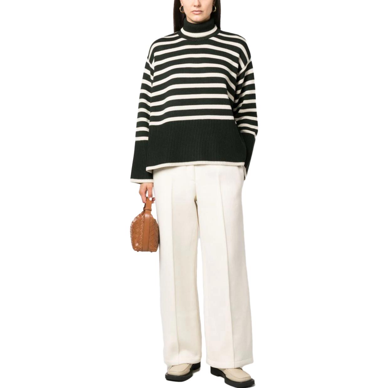 Shop (W) TOTEME Striped Turtleneck Sweater Hijau Gelap Putih Lengan Longgar. 234WRTWTP216YA0008013