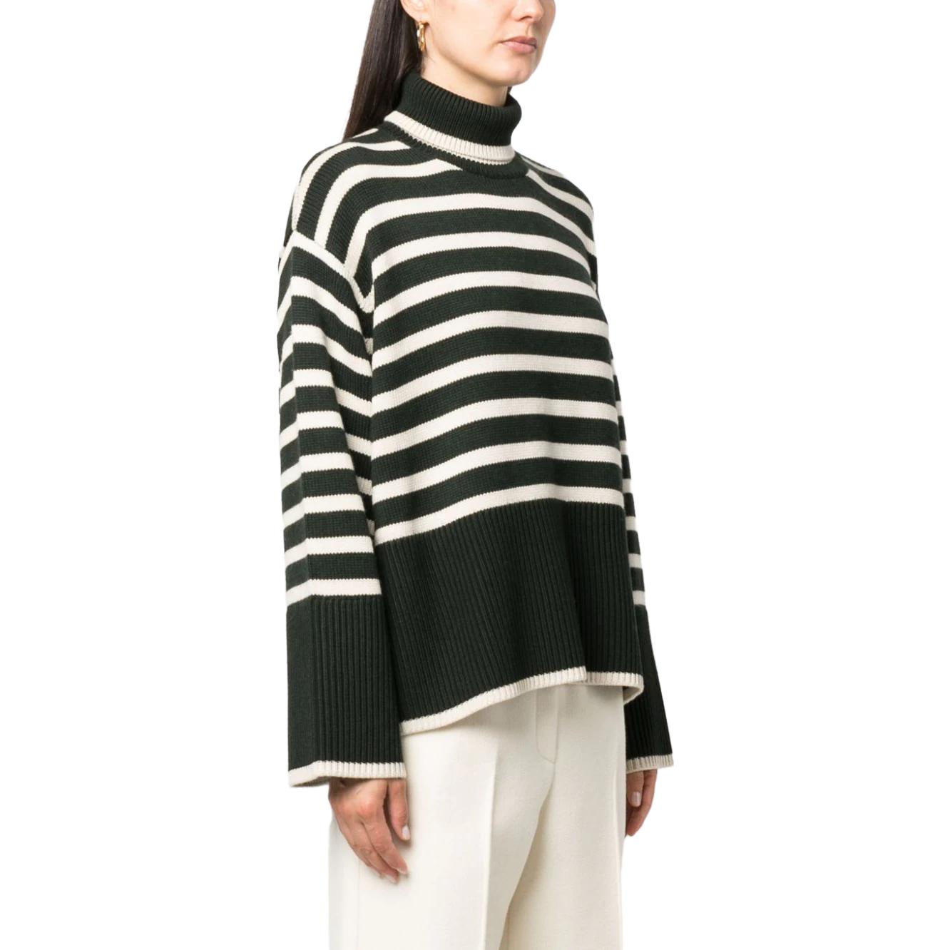 Details for (W) TOTEME Striped Turtleneck Sweater Hijau Gelap Putih Lengan Longgar. 234WRTWTP216YA0008013