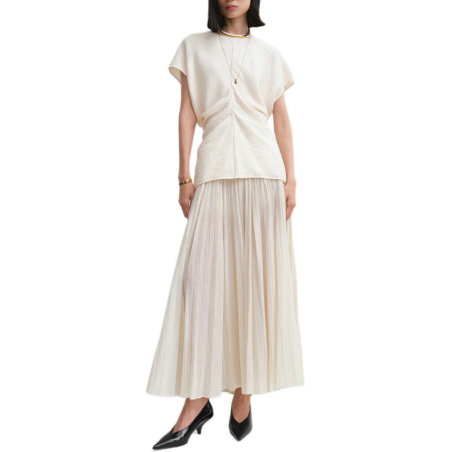 Lookbook (W) TOTEME Kemeja-T Lengan Pendek Bertekstur Crinkle Krim Musim Luruh Awal 2024. 243WRT0331FB0199055