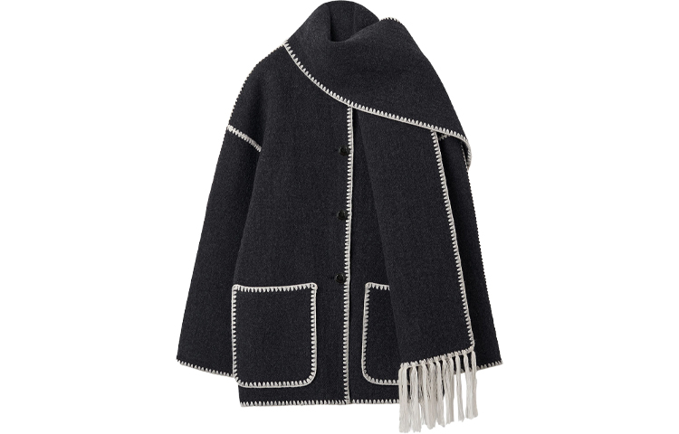 (Women) TOTEME  Wool Single-Breasted Coat with Scarf Dark Grey. 221117709359