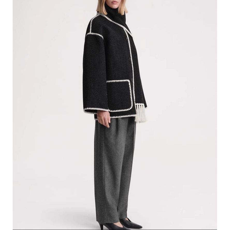 Cheap (W) TOTEME 深灰色羊毛單排扣大衣附圍巾 221117709359