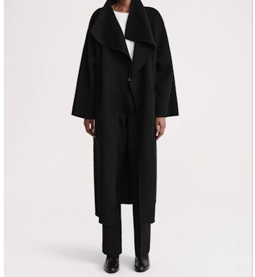 (W) Abrigo midi negro de lana de doble capa Toteme Annecy con aberturas laterales mujer. 211110717200 Details for (W) Abrigo midi negro de lana de doble capa Toteme Annecy con aberturas laterales mujer. 211110717200