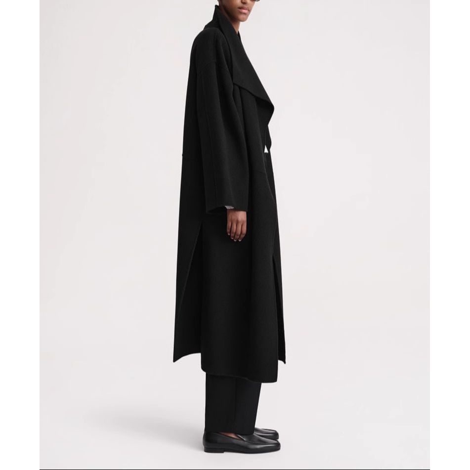 Sizing (W) Abrigo midi negro de lana de doble capa Toteme Annecy con aberturas laterales mujer. 211110717200