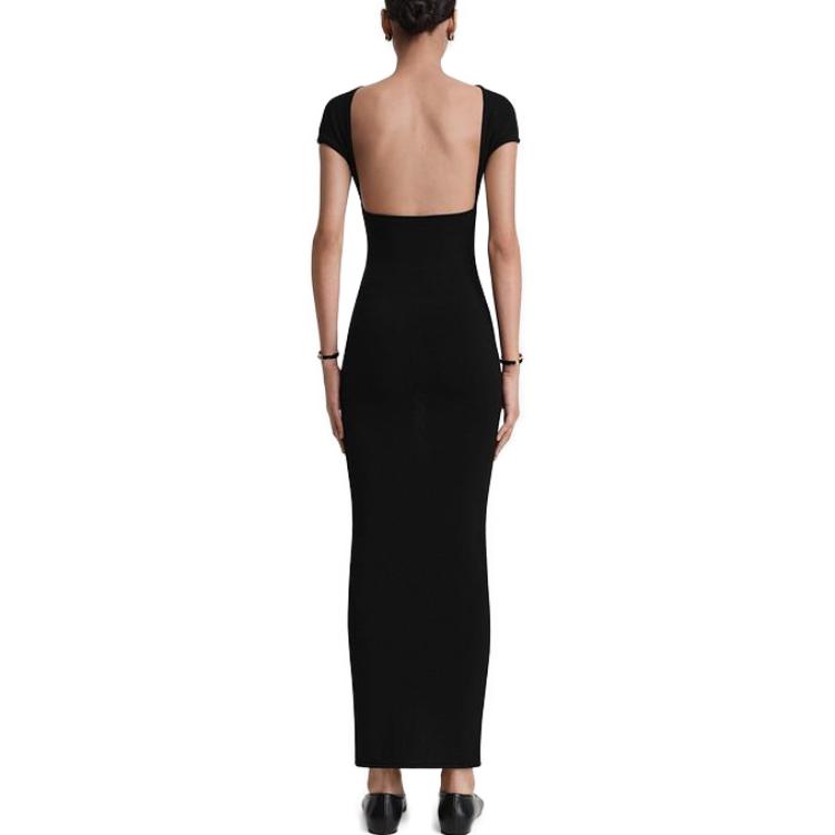 Shop (W) TOTEME Gaun Hitam Belakang Terbuka Lengan Pendek Knit Fitted. 241WRD1093YA0028001