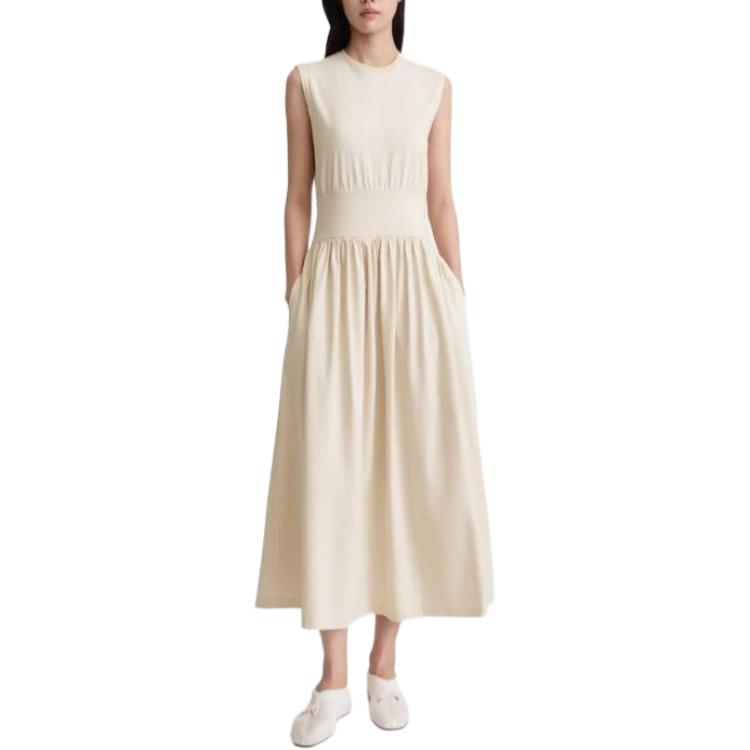 Shop (W) TOTEME Gaun Midi Beige Tanpa Lengan Lipat A-Line Wanita 242WRD1783FB0093087
