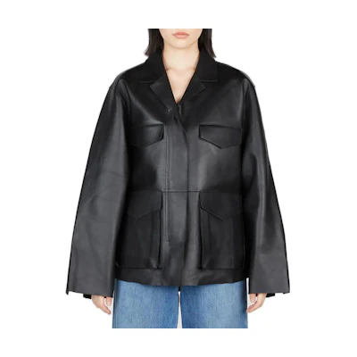 (Women) TOTEME Black Loose Fit Zip-Up Jacket with Turn-Down Collar 233108737200