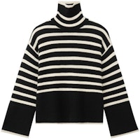 (Women) TOTEME FW21 Black Wool Turtleneck Sweater with White Stripes. 212562758210 (Women) TOTEME FW21 Black Wool Turtleneck Sweater with White Stripes. 212562758210