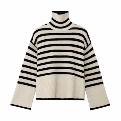 (Women) TOTEME FW21 Oversized Turtleneck Wool Sweater Women Sand Black Stripes. 212562758876