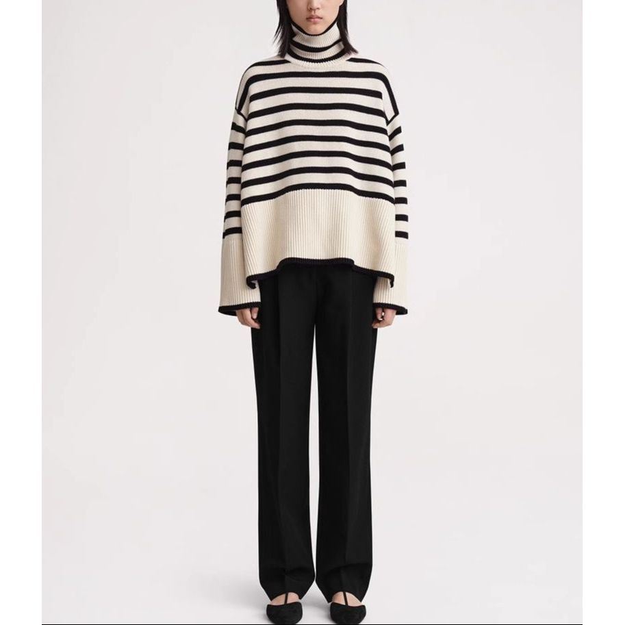Sizing (W) TOTEME FW21 Baju Sejuk Turtleneck Oversized Wanita Jalur Hitam Pasir. 212562758876