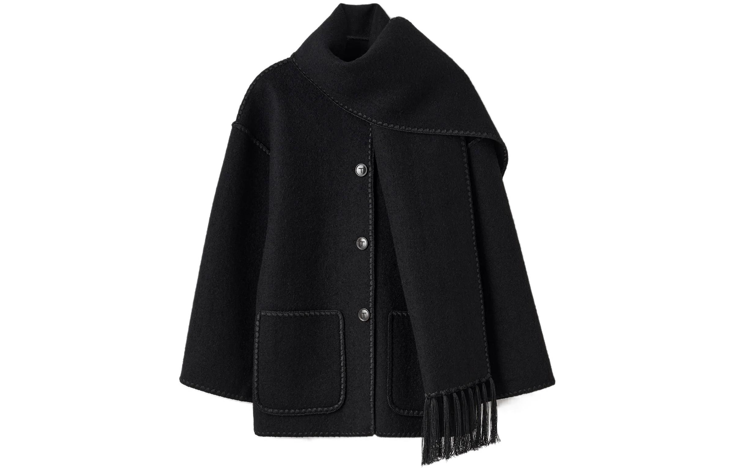 (Women) TOTEME FW22  Black Solid Scarf Coat with Woven Details. 2241018201200