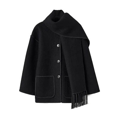 (Women) TOTEME FW22 Black Solid Scarf Coat with Woven Details. 2241018201200