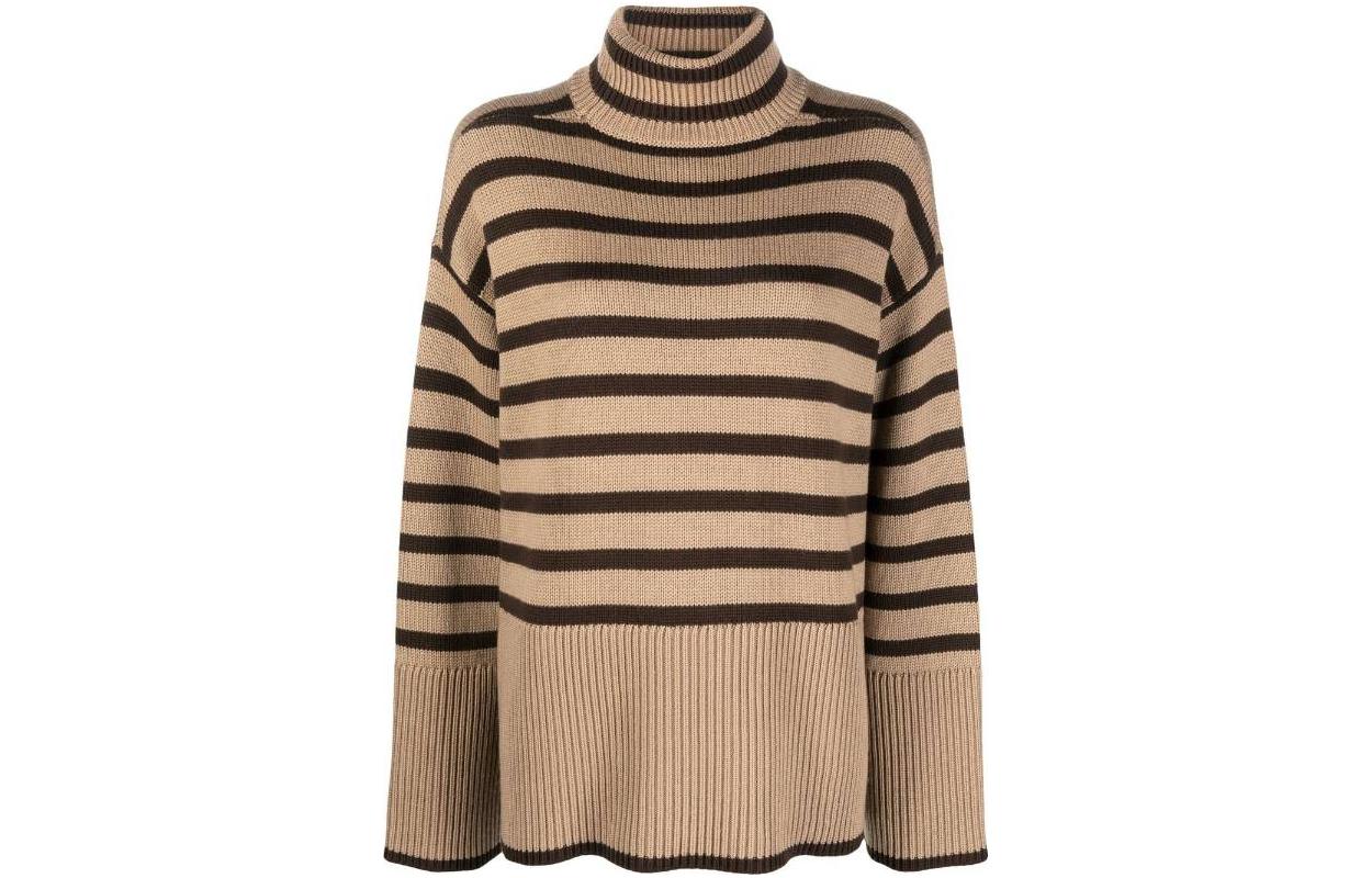(Women) TOTEME FW22  Contrast Striped Turtleneck Wool Sweater in Light Brown. 2245102758-858