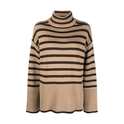 (Women) TOTEME FW22 Contrast Striped Turtleneck Wool Sweater in Light Brown. 2245102758-858