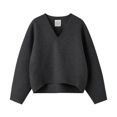 (Women) Toteme FW22 Grey V-neck Batwing Sleeve Wool Knit Sweater. 224-501-271-735-9