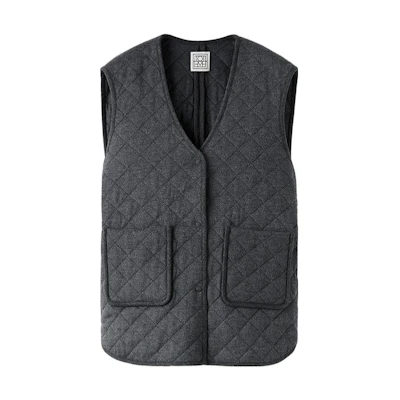 (Women) TOTEME FW22 Oversized Quilted Vest Jacket in Solid Dark Gray. 224-100-272-0359