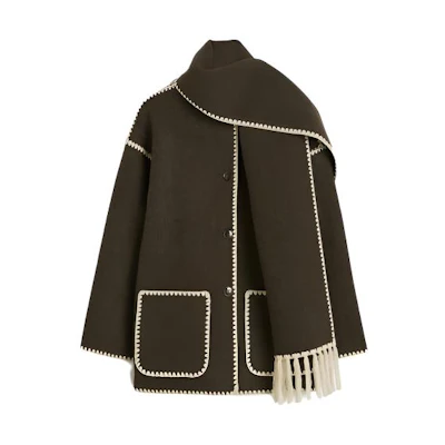 (Women) TOTEME FW23 Chocolate Melange Wool Blend Coat with Fringe Scarf. 234WRTWOU248FB0037021