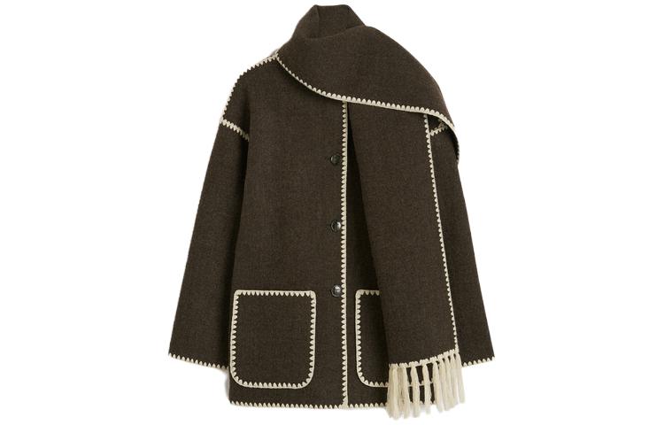 Order (W) Abrigo de mezcla de lana chocolate melange TOTEME FW23 con bufanda de flecos. 234WRTWOU248FB0037021