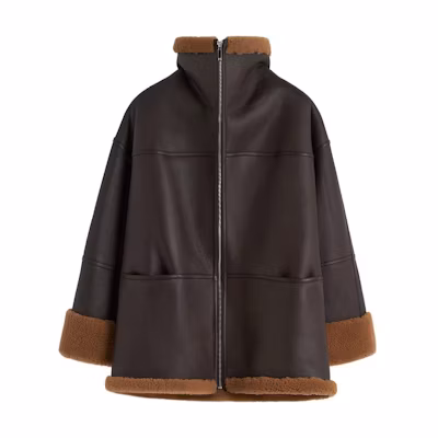(Women) TOTEME FW23 Chocolate Shearling Oversized Jacket with Large Collar 234WRTWOU140LE0022014