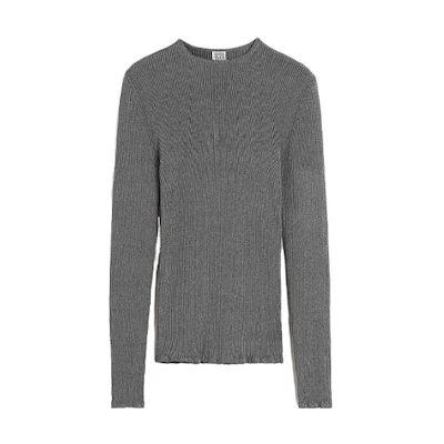 (Women) TOTEME FW23 Slim Fit Knit Top in Metallic Gunmetal Grey. 241WRT1061YA0027149