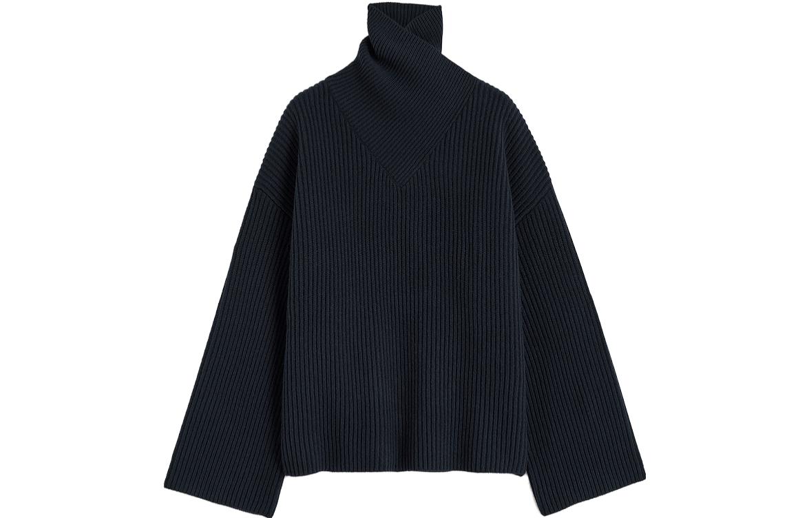 (Women) TOTEME FW23  Solid Wool Ribbed Knit Sweater Navy Blue. 234WRTWTP160YA0007016