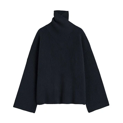 (Women) TOTEME FW23 Solid Wool Ribbed Knit Sweater Navy Blue. 234WRTWTP160YA0007016