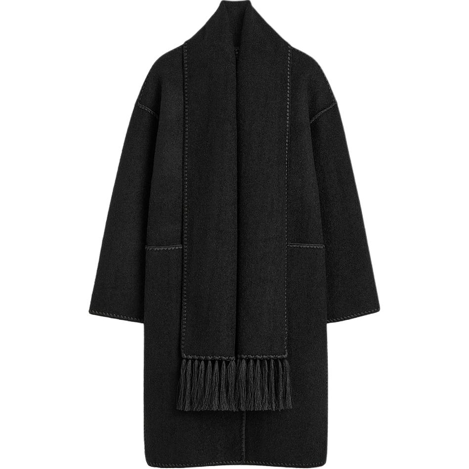 (Women) TOTEME FW24  Black Fringe Scarf Detail Mid-Length Coat 244WRO0131FB0292001