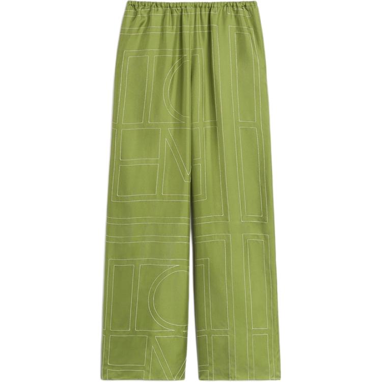 (Women) TOTEME FW24  Relaxed Wide-Leg Pants with Logo - Laurel Green. 241WRB1092FB0089191