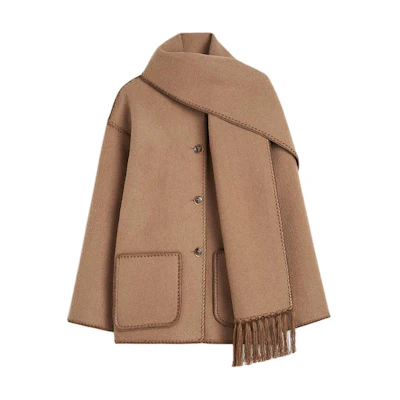 (Women) TOTEME FW24 Embroidered Fringe Scarf Single-Breasted Oversized Jacket Women Beige 244WRO918FB0292033