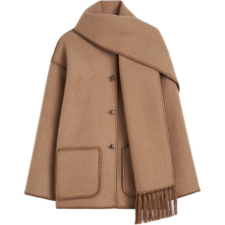 Order (W) TOTEME FW24 刺绣流苏围巾单排扣宽松外套 女士米色 244WRO918FB0292033