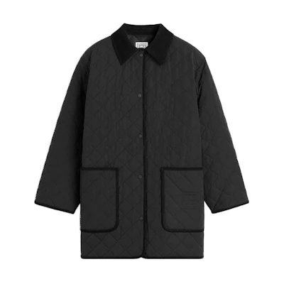 (Women) TOTEME PS24 Black Quilted Barn Jacket with Corduroy Trim and Embroidery for Women. 241WRO1022FB0169001