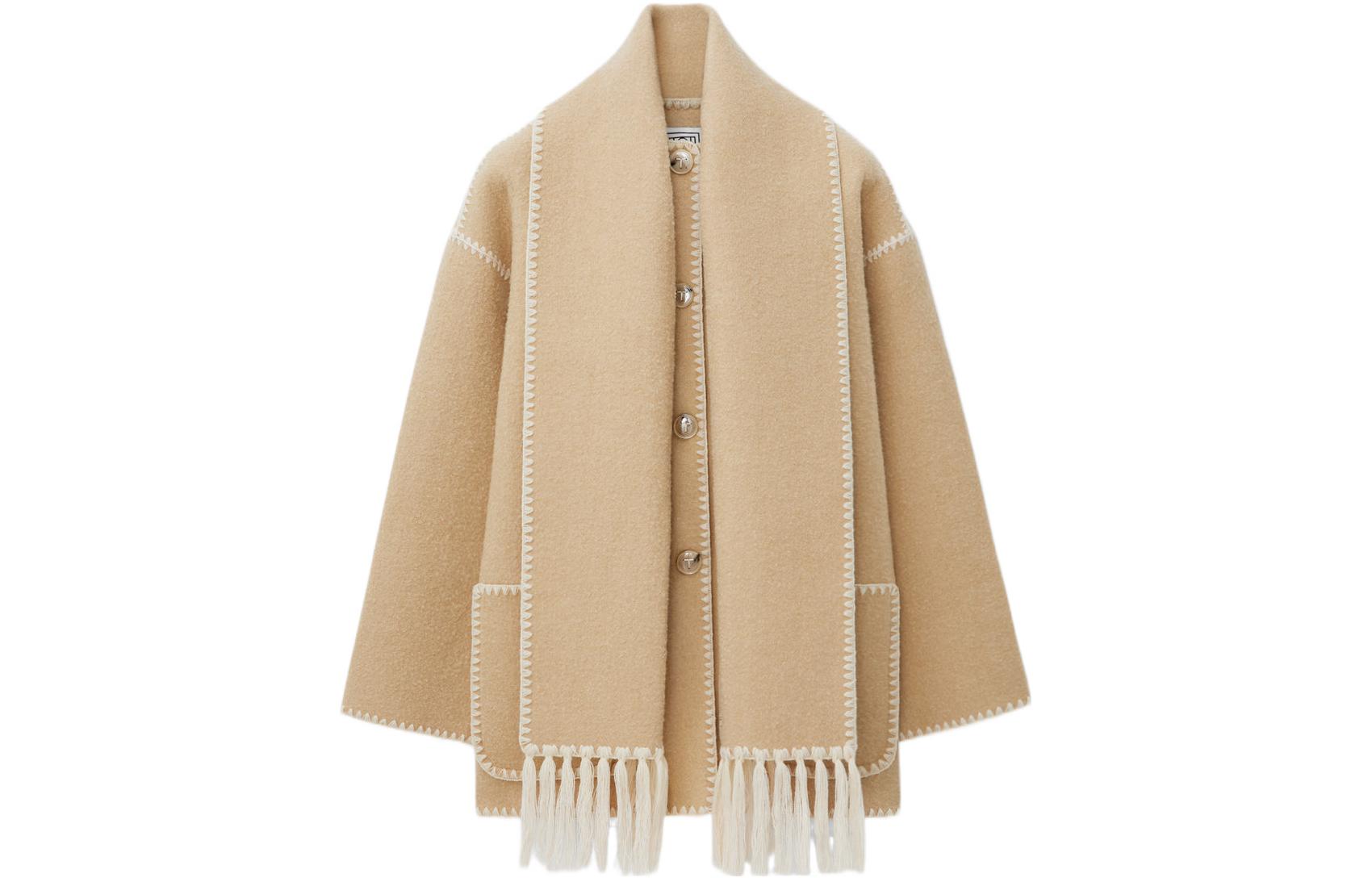(Women) TOTEME SS22  Beige Wool-Blend Fringe Embroidered Scarf Coat 222-117-201