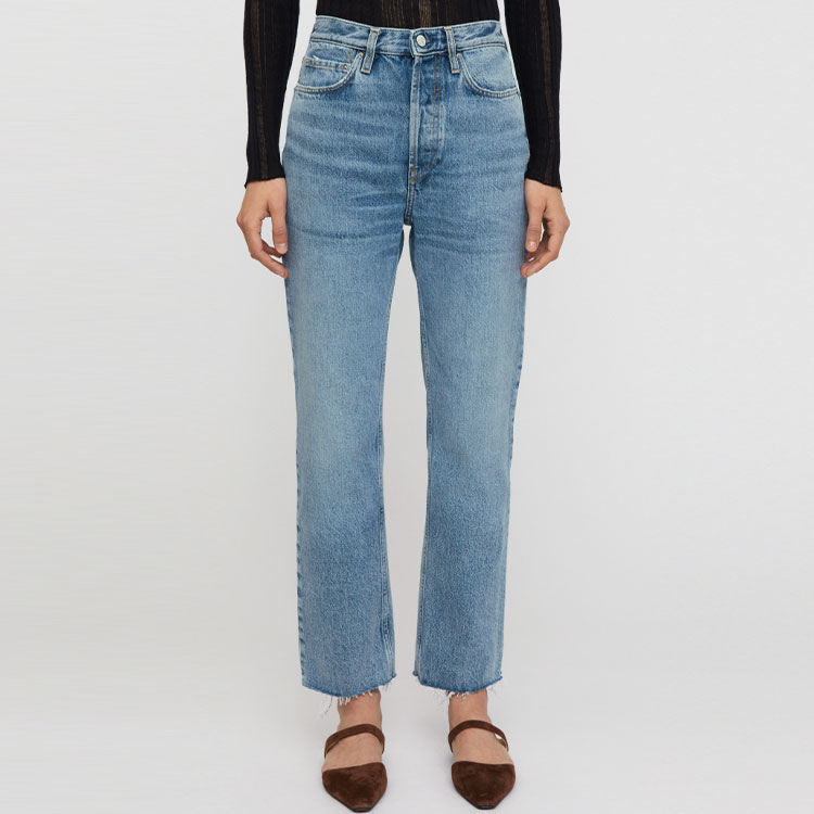 Shop (W) TOTEME SS22 Seluar Jeans Wanita Biru Pinggang Tinggi Lurus dengan Hujung Rumbai 222235741485