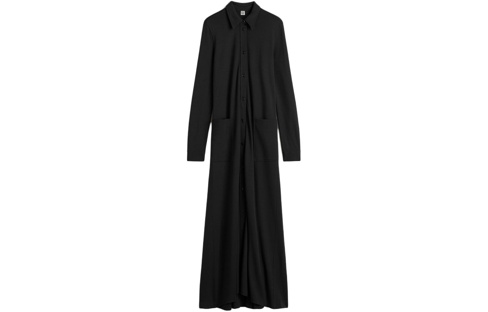(Women) TOTEME SS24  Black Long Sleeve Shirt Dress Maxi Casual Solid Color. 242WRD1692FB0161001