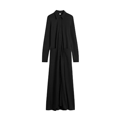 (Women) TOTEME SS24 Black Long Sleeve Shirt Dress Maxi Casual Solid Color. 242WRD1692FB0161001