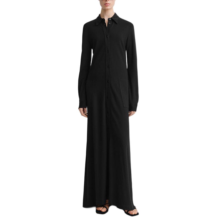 Lookbook (W) TOTEME SS24 Baju Maxi Hitam Lengan Panjang Kasual Warna Solid. 242WRD1692FB0161001